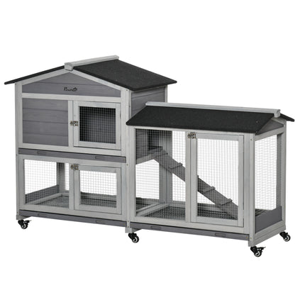 Wooden Rabbit Hutch, Guinea Pig Cage, with Wheels, Run, Slide-Out Tray, Ramp