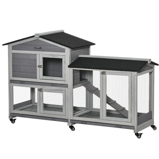 Wooden Rabbit Hutch, Guinea Pig Cage, with Wheels, Run, Slide-Out Tray, Ramp