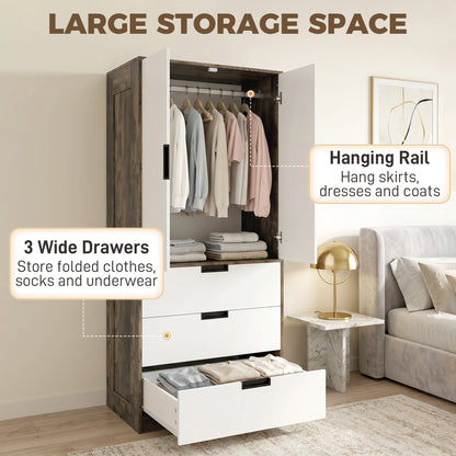 Modern Clothes Storage Cupboard Unit, 3 Drawer 2 Door Wardrobe with Hanging Rod, Rustic Brown