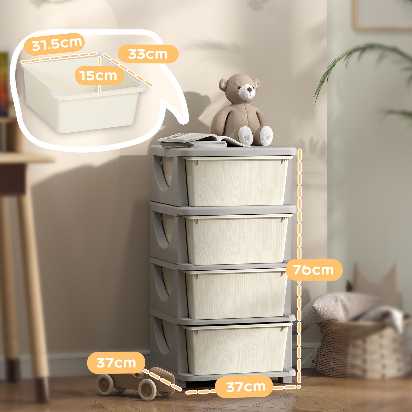 Four-Tier Kids Storage Boxes, with Four Drawers - White