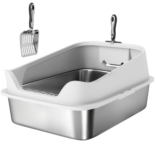 XL Stainless Steel Cat Litter Box with High Sides, Metal Scoop, 60 x 40 x 30 cm
