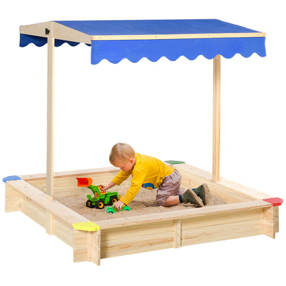 Sandpit, Kids Wooden Sandbox with Adjustable Canopy, Bench Seats & Protective Corners for 3-6 Years Boys Girls, 120x120x120cm