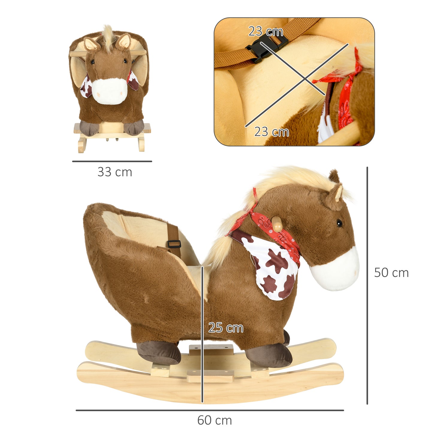 Kids Rocking Horse, with Secure Harness, Sounds, Foot Pedals - Brown