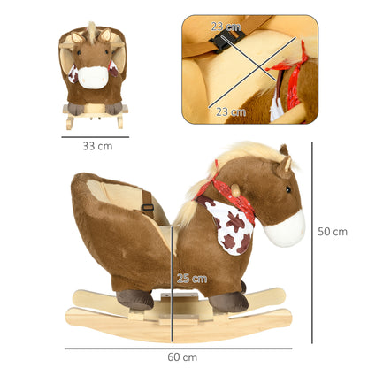 Kids Rocking Horse, with Secure Harness, Sounds, Foot Pedals - Brown