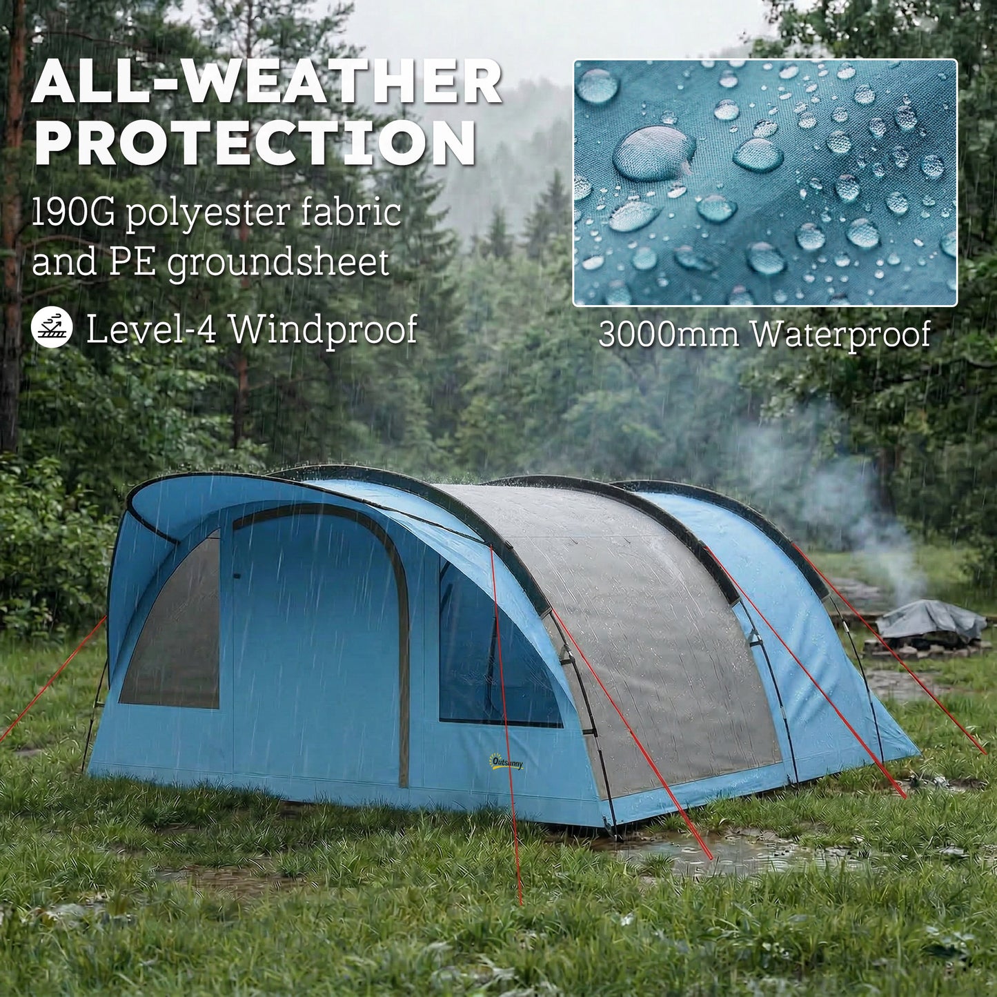 4 Person Easy Setup Family Camping Tent with 2 Rooms, Waterproof Tunnel Tent w/ Sewn In Groundsheet, Sky Blue & Grey
