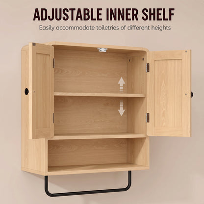 Bathroom Cabinet Wall Mounted, Bathroom Wall Cabinet with 2 Doors, Adjustable Shelf Storage for Toilet, Oak