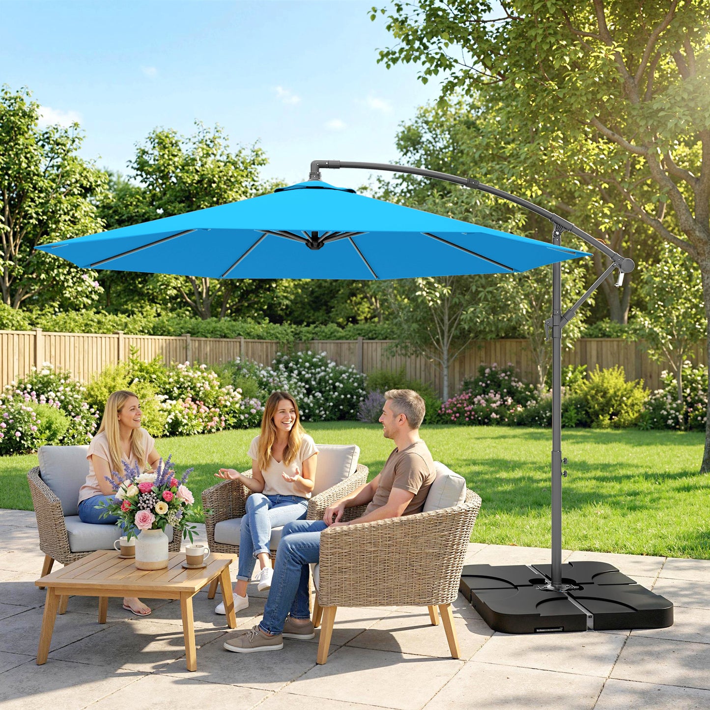 3m Overhanging Parasol, with Base, Weights and Cover - Blue