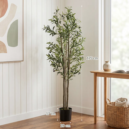 Decorative Artificial Plant, 175 cm Silk Olive Tree with 787 Leaves in Cement Pot, Fake Plant