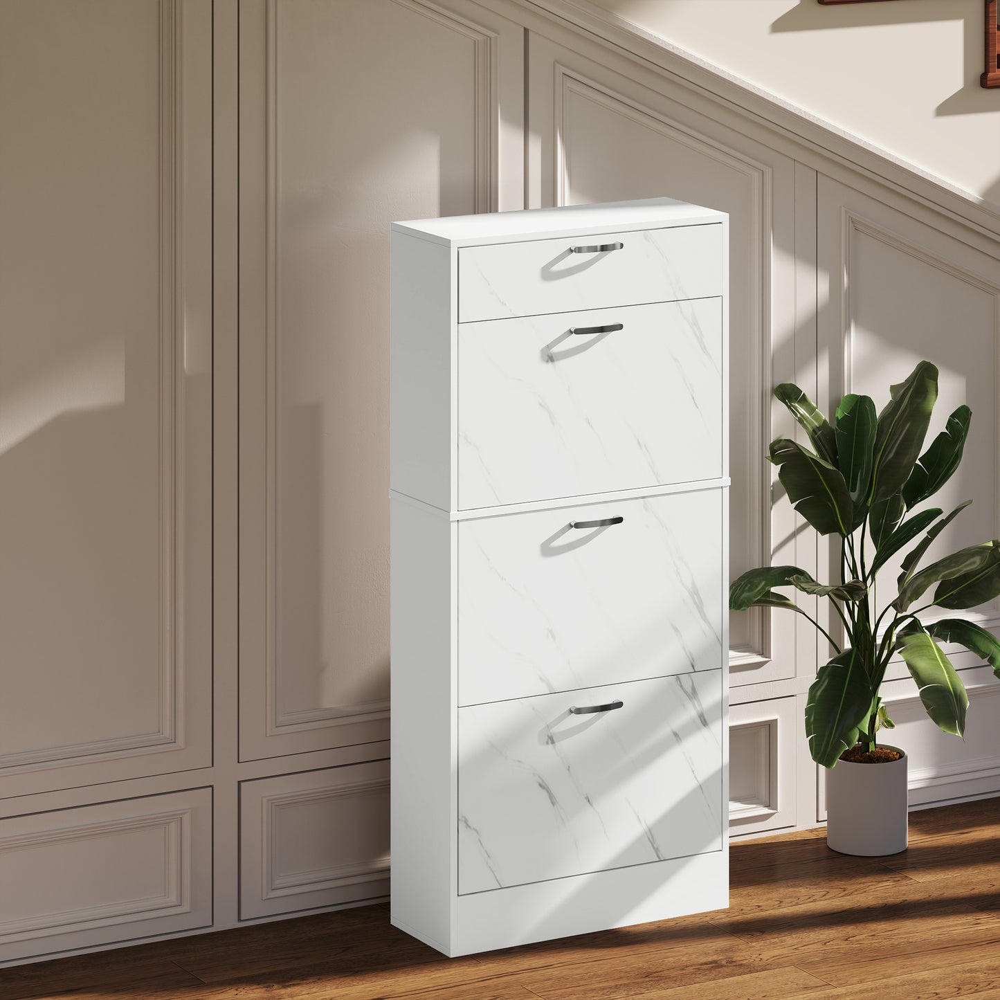 Marble Shoe Storage Cabinet with 3 Flip Drawers, Hallway Cabinet with Top Drawer and Adjustable Shelves