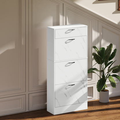Marble Shoe Storage Cabinet with 3 Flip Drawers, Hallway Cabinet with Top Drawer and Adjustable Shelves
