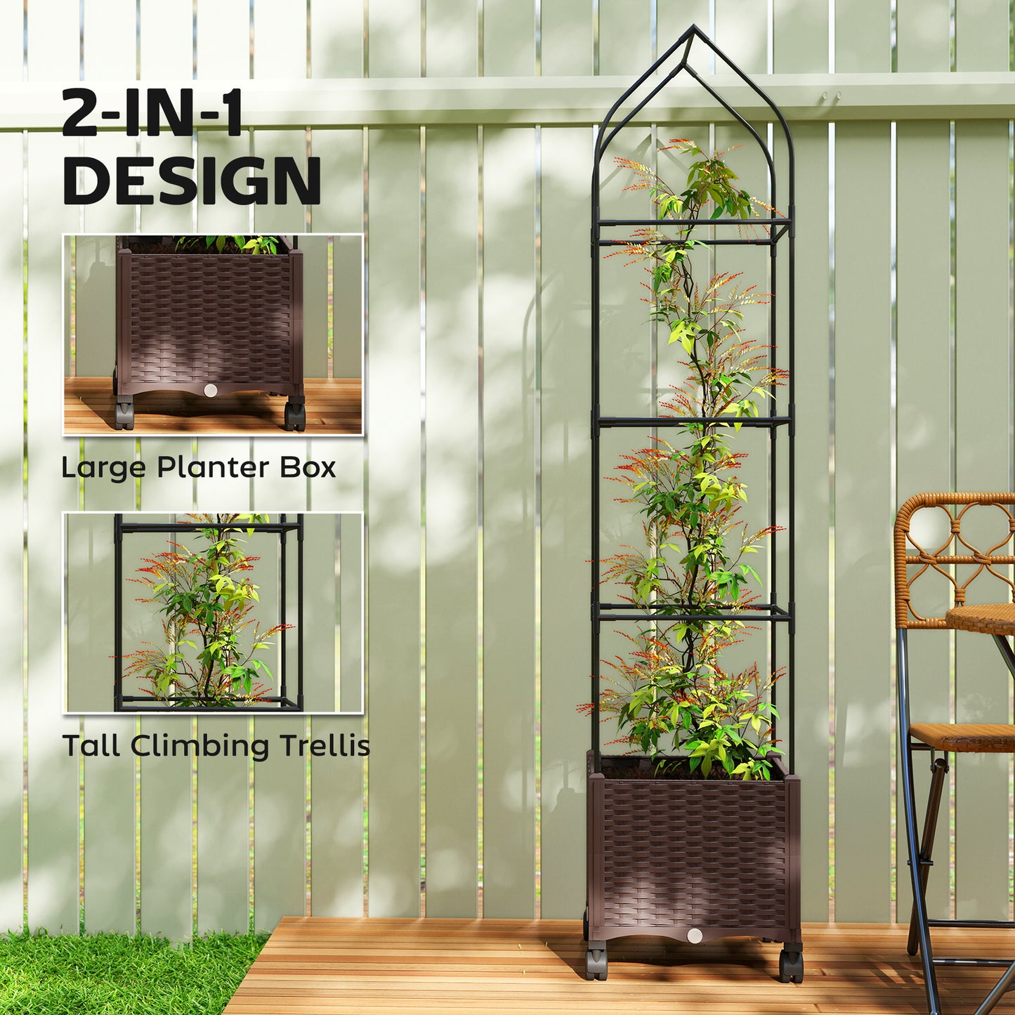 Raised Garden Bed with Trellis, Tomato Cage with Lockable Wheels, Self Watering Planter Box with Drainage Holes, Brown