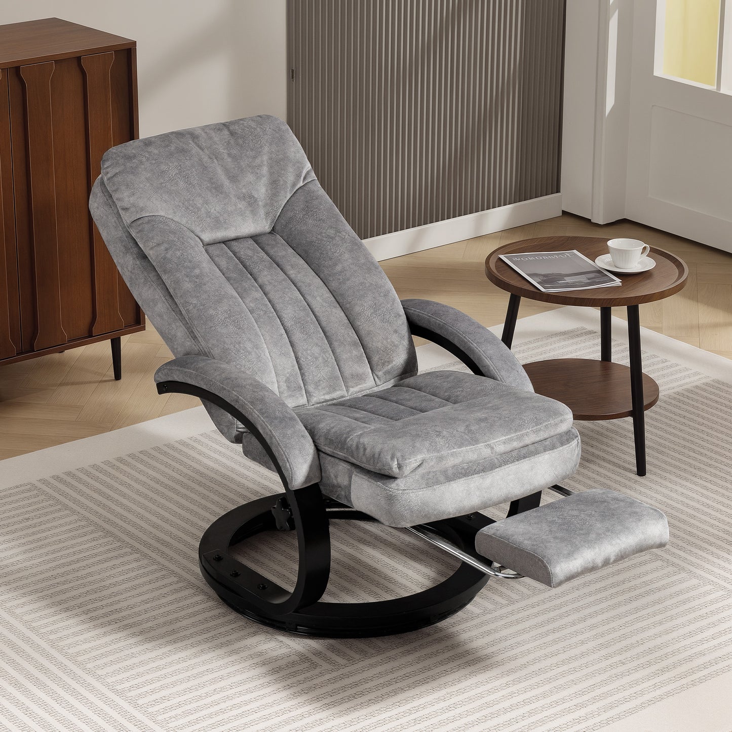 Swivel Recliner Chair with Footrest, Manual Recliner Armchair with Wooden Base