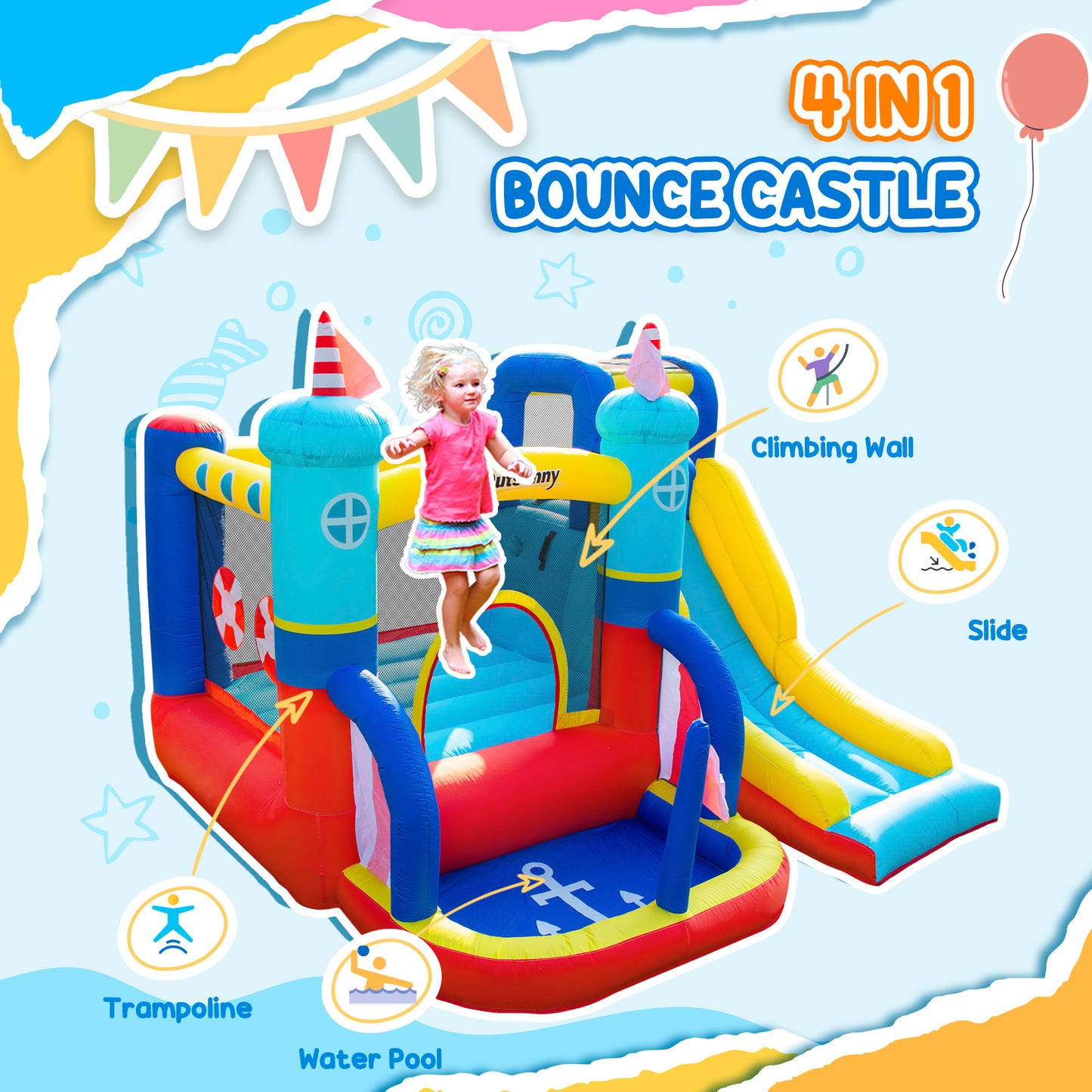 Kids Bouncy Castle, 4 in 1 Large Sailboat Style Inflatable House Slide Trampoline Water Pool Climbing Wall with Blower Carryb
