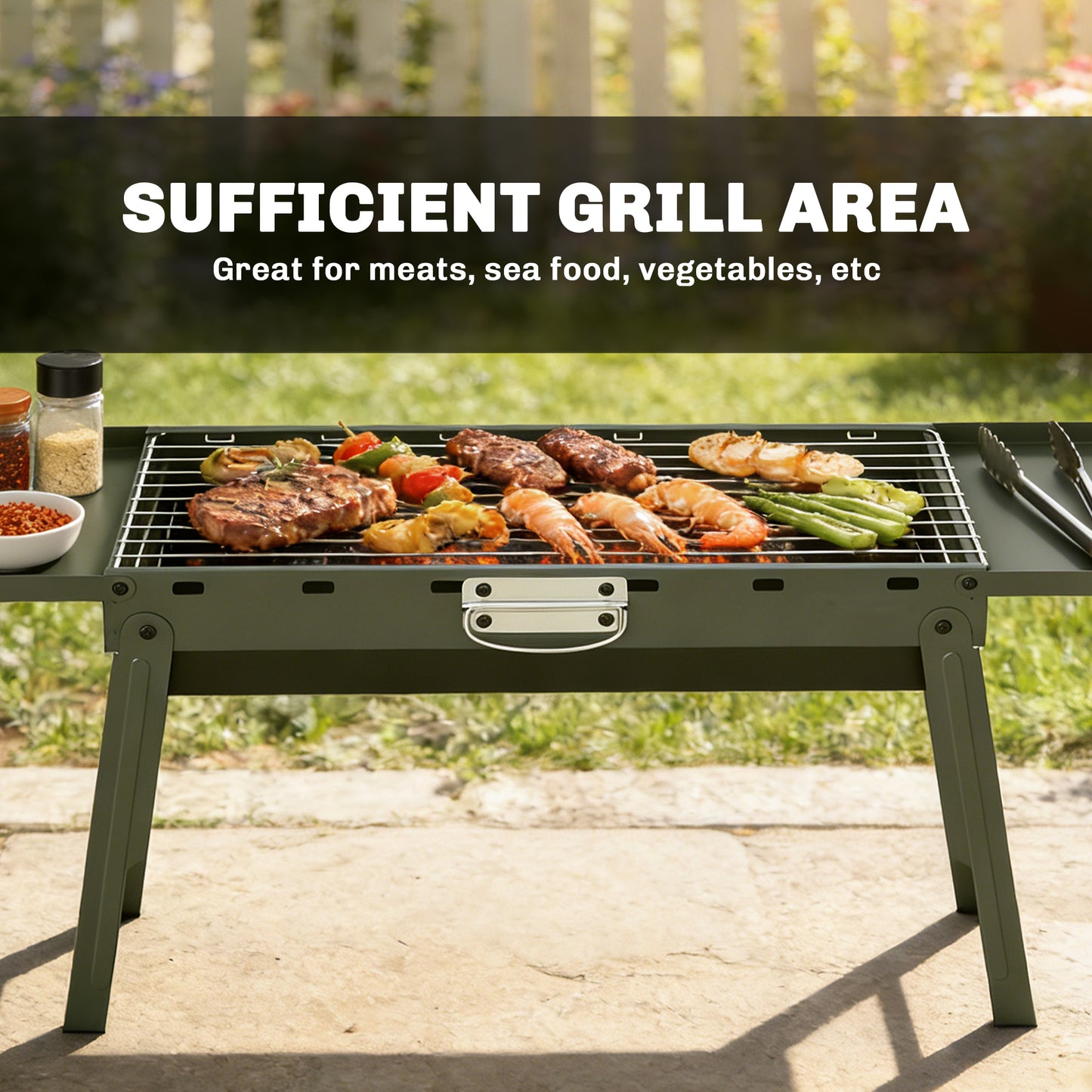 Portable BBQ Grill, Foldable Charcoal Grill for Camping and Picnics with 2 Side Shelves and Handle, Green