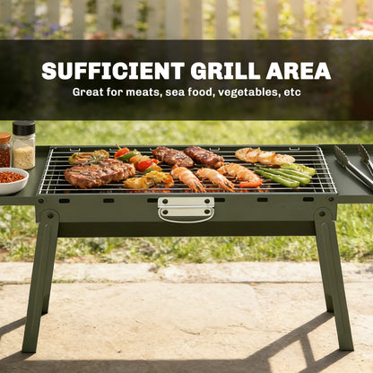 Portable BBQ Grill, Foldable Charcoal Grill for Camping and Picnics with 2 Side Shelves and Handle, Green