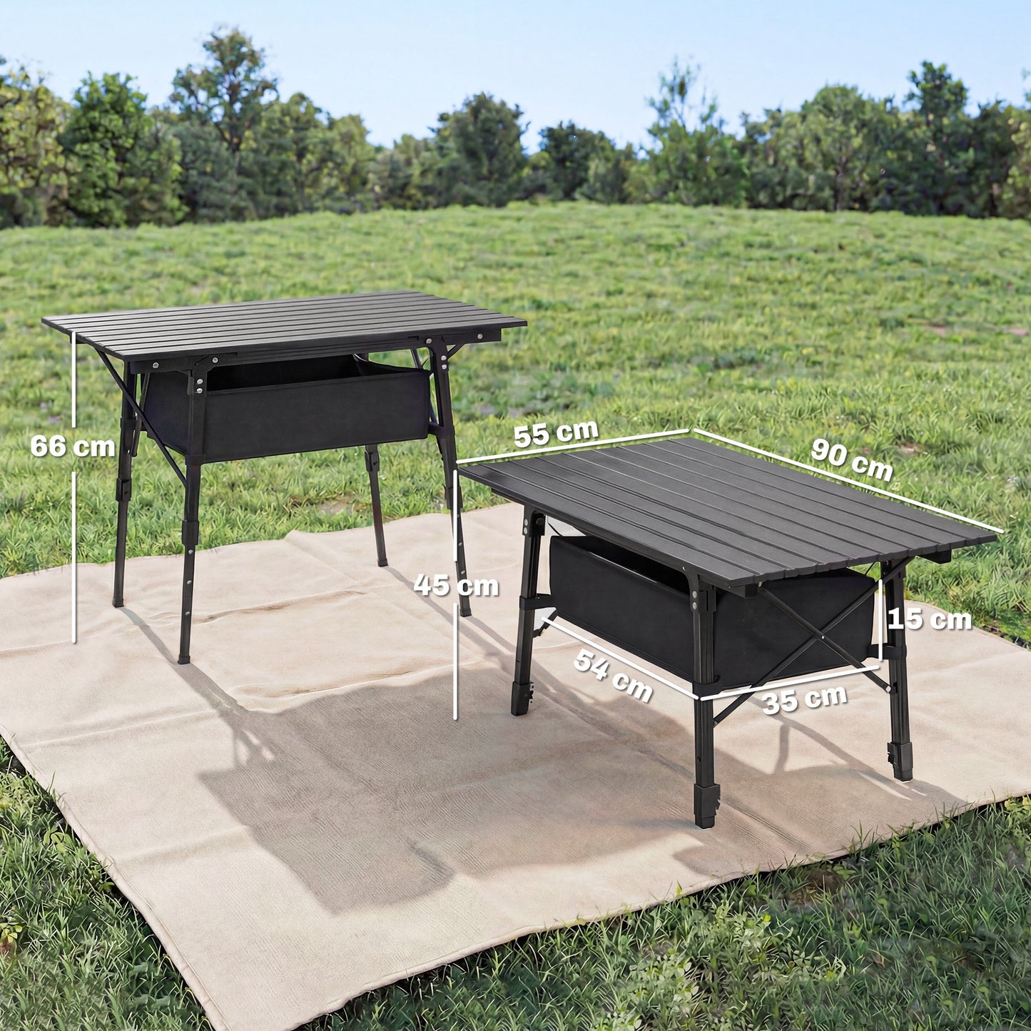Folding Camping Table, 90 x 55 cm Height Adjustable Portable Collapsible Table