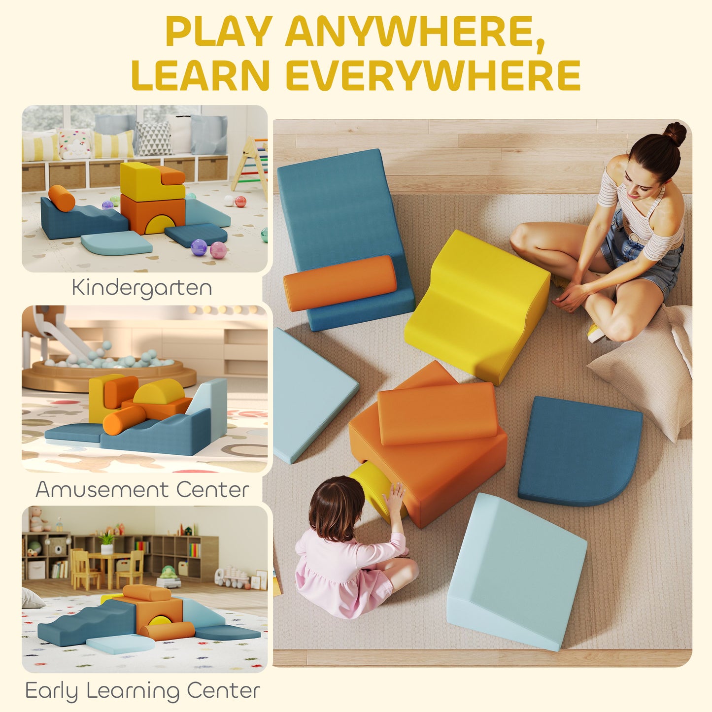 9-Piece Soft Play Set, Kids Soft Play Foam Blocks with Detachable Cover for Climbing and Crawling