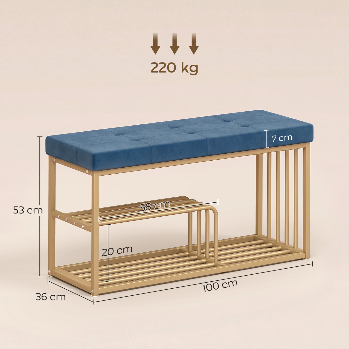 Bench and Shoe Storage, Tufted Shoe Storage Bench with Velvet Seat Cushion Gold Steel Frame for Entryway, Dark Blue