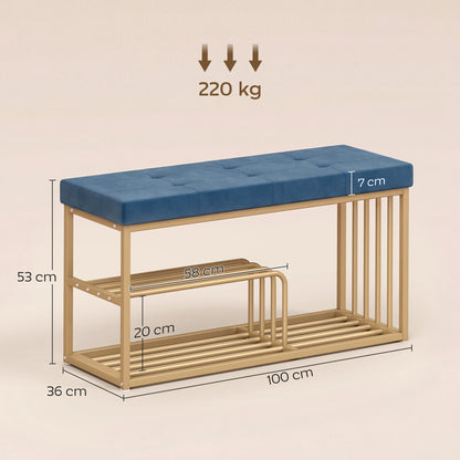 Bench and Shoe Storage, Tufted Shoe Storage Bench with Velvet Seat Cushion Gold Steel Frame for Entryway, Dark Blue