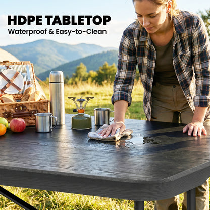 5 Piece 6ft Foldable Table and Chairs, Portable Picnic Table Set with 4 Chairs, Waterproof Top and Steel Frame, Black