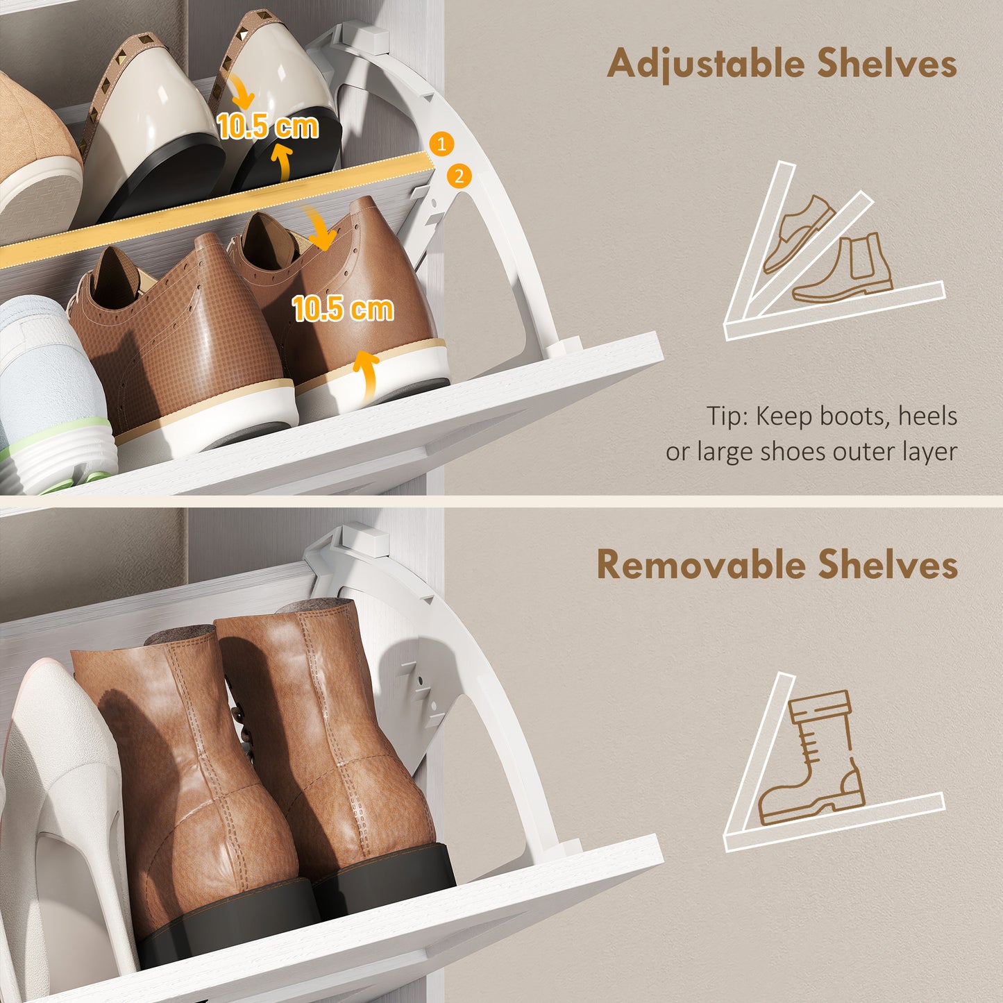Shoe Cabinet with 2 Flip Drawers, Narrow Shoe Storage Cabinet, White