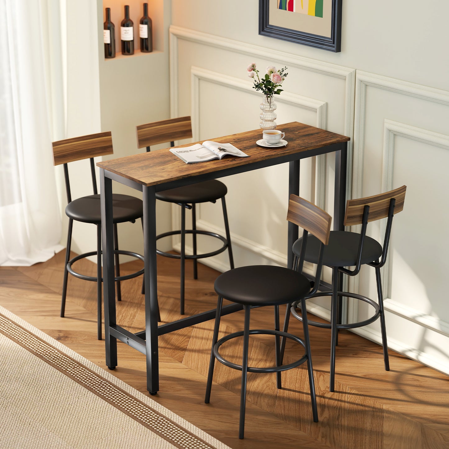 Rectangular Bar Table, Wood Effect Pub Coffee Table for Small Space, Breakfast Dining, Kitchen, Industrial, Rustic Brown