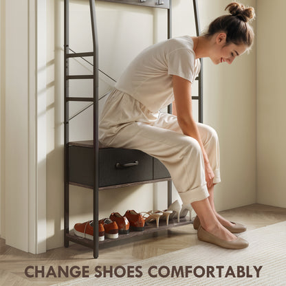Coat Rack with Shoe Storage, Hall Tree, Industrial Coat Stand with Shoe Bench, 10 Removable Hooks