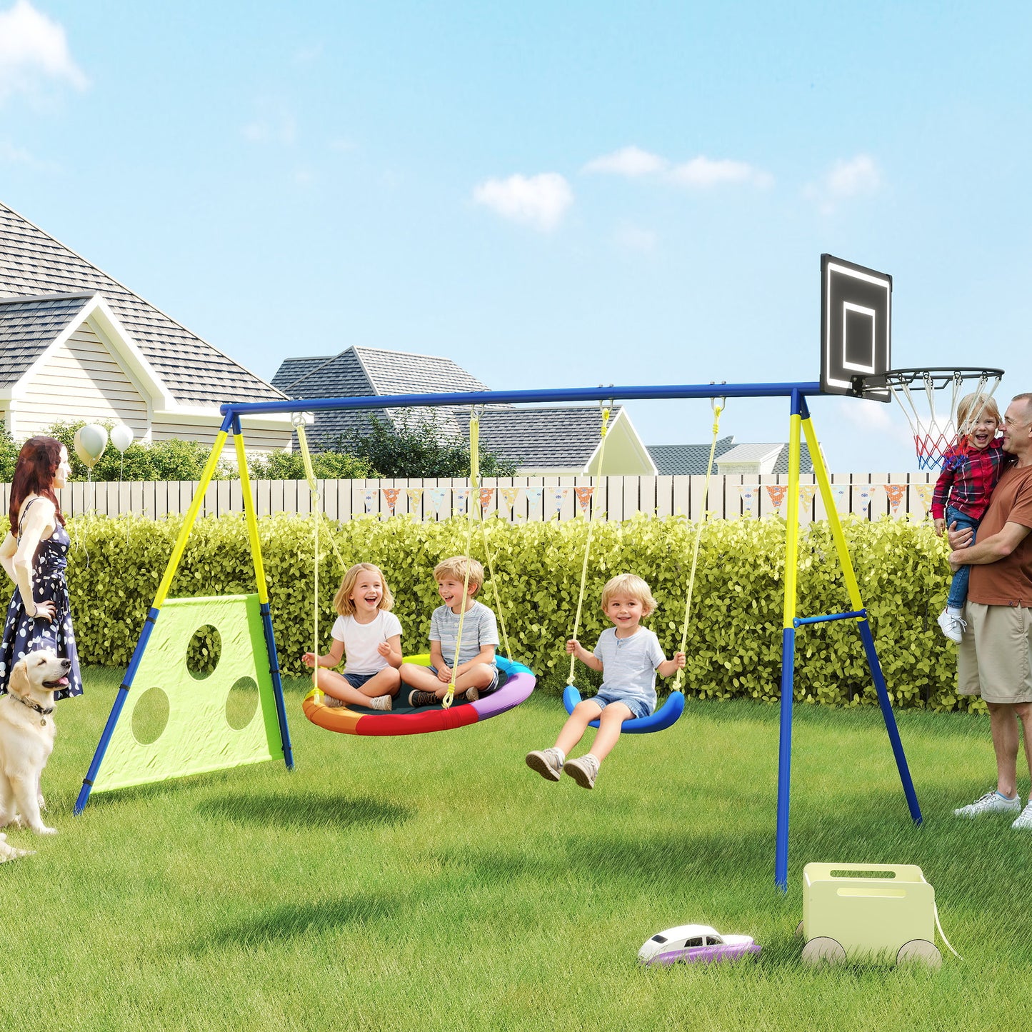 4-in-1 Kids Swing Set with Saucer Swing, Basketball Hoop and Football Goal, Outdoor Playground Playset for Garden