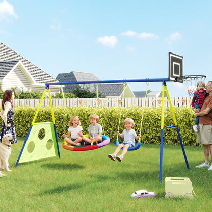4-in-1 Kids Swing Set with Saucer Swing, Basketball Hoop and Football Goal, Outdoor Playground Playset for Garden