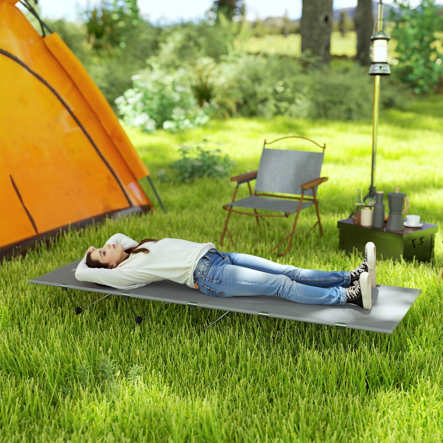 Lightweight Camping Bed, Aluminium Portable Camp Cot w/ Strong Support 150kg and Carry Bag for Camping, Dark Grey
