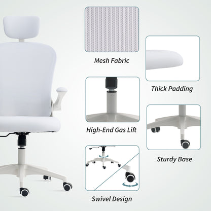 Multi-Adjustable Office Chair, with Lumbar Support, Headrest and Mesh Back - White