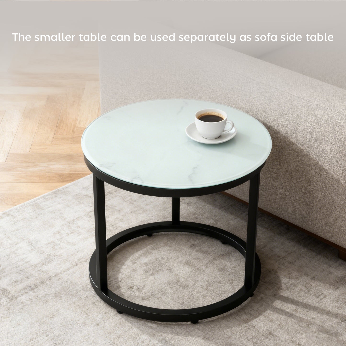 Glass Coffee Table Set of 2, Round Nest of Tables with Marble-Effect Tempered Glass Tabletop and Steel Frame