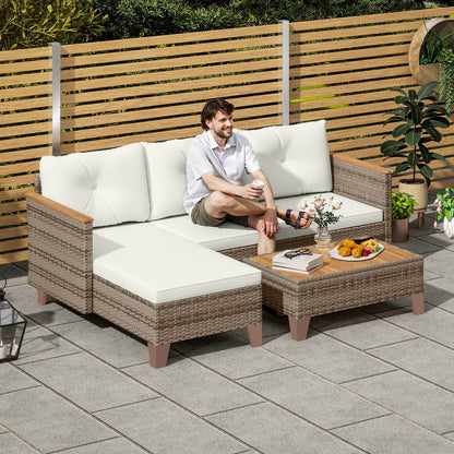 3 Pieces Rattan Garden Furniture Set, L Shaped Garden Conversation Chaise Lounge Furniture