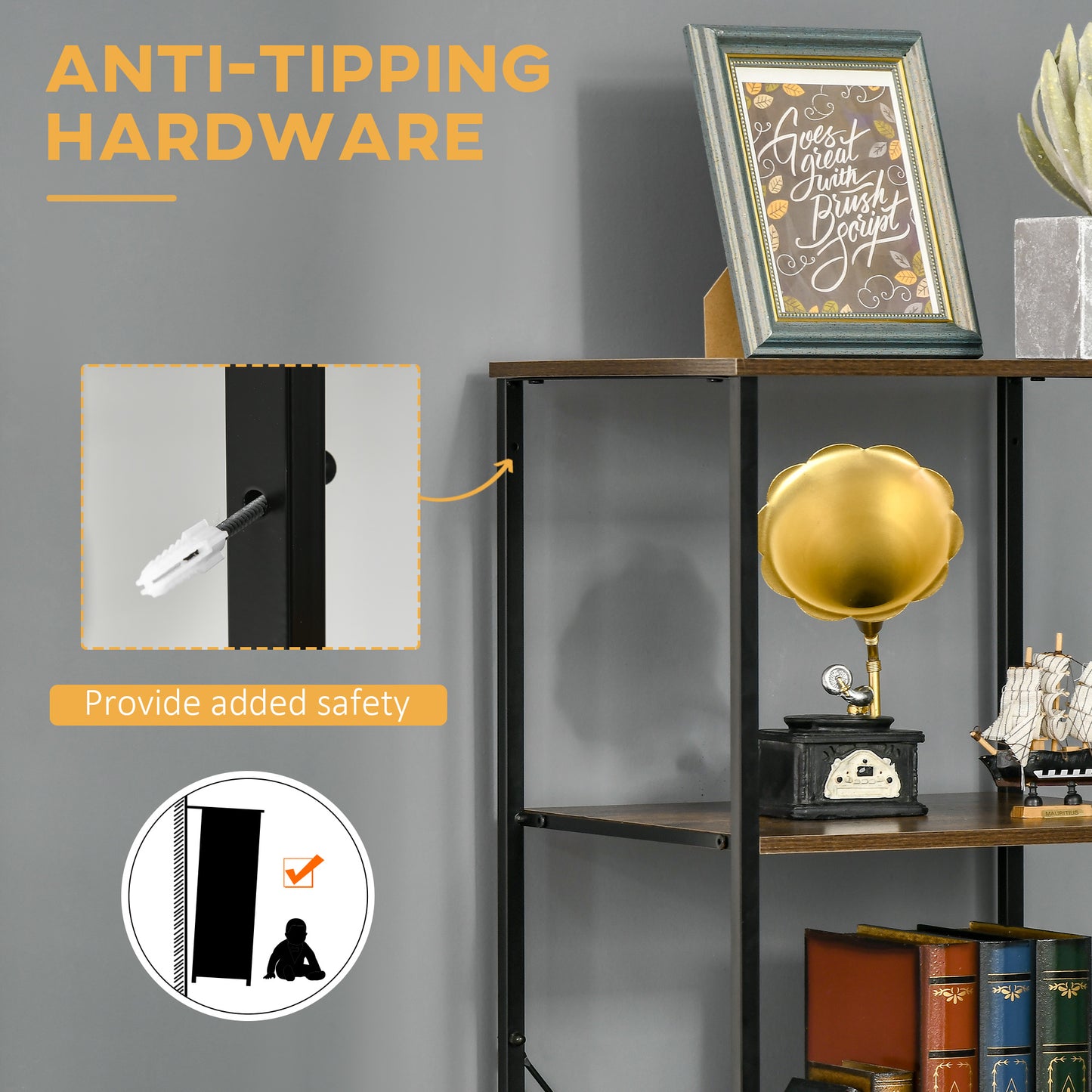 Industrial Storage Cabinet with 2 Open Shelves and 3 Foldable Fabric Drawers, Multifunctional Bookshelf in Living Room