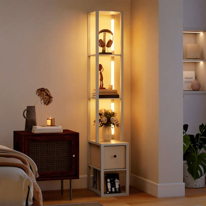 Floor Lamp with Shelves, LED Column Modern Standing Lamp with Fabric Drawer, Adjustable Brightness