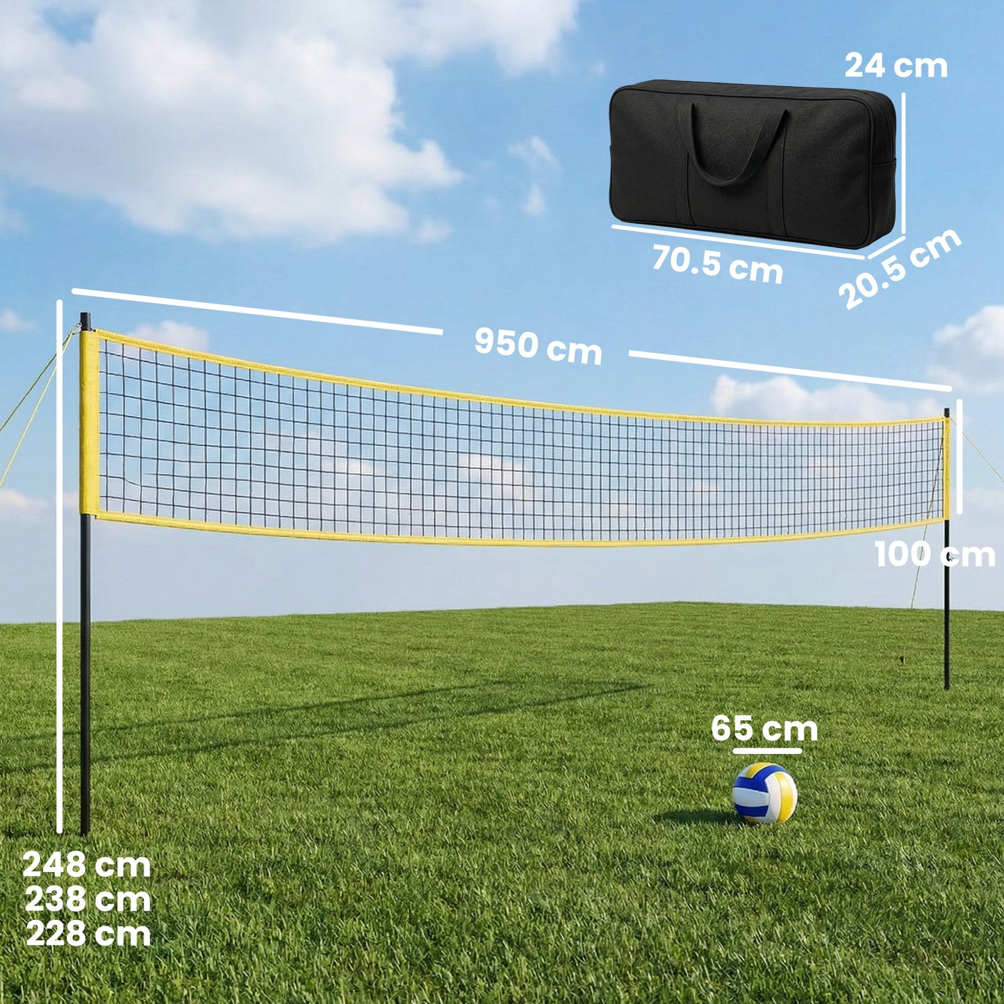 Portable Volleyball Net Set with Adjustable Height Steel Poles, Volleyball, Boundary Line and Carrying Bag for Beach