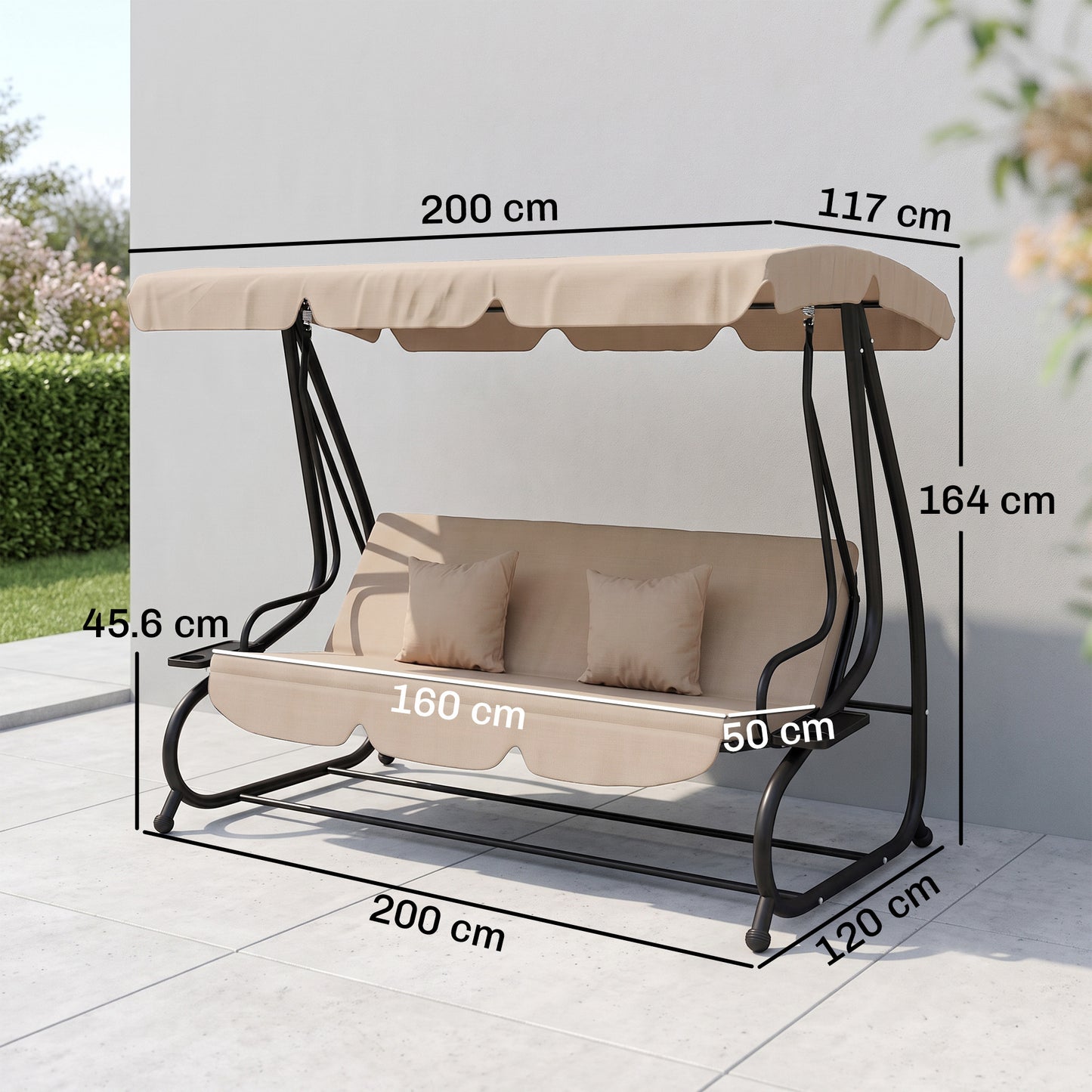 Three-Person garden Swing Chair, with Adjustable Canopy - Light Brown