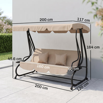 Three-Person garden Swing Chair, with Adjustable Canopy - Light Brown