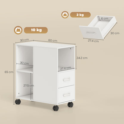 Narrow Mobile Printer Table with Wheels, Rolling Printer Stand with Drawers for Home Office, 30 x 60 x 65 cm, White