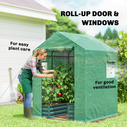 Small Greenhouse with Raised Garden Bed, Galvanised Walk-in Greenhouse with Roll Up Windows, 141 x 141 x 190 cm, Green