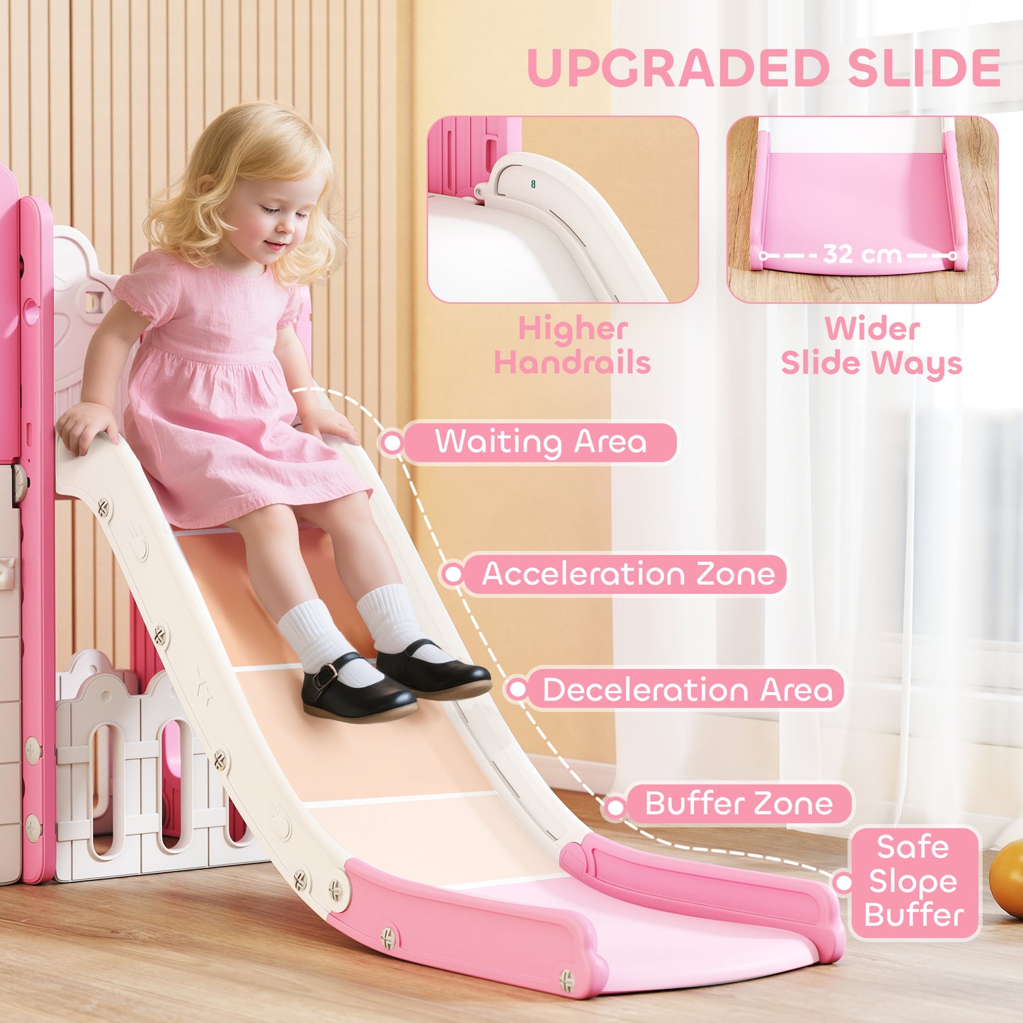 7 in 1 Toddler Slide Set with Basketball Hoop, Climbing Frame, Telescope, Drawing Board, Storage Box, Pink