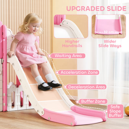 7 in 1 Toddler Slide Set with Basketball Hoop, Climbing Frame, Telescope, Drawing Board, Storage Box, Pink