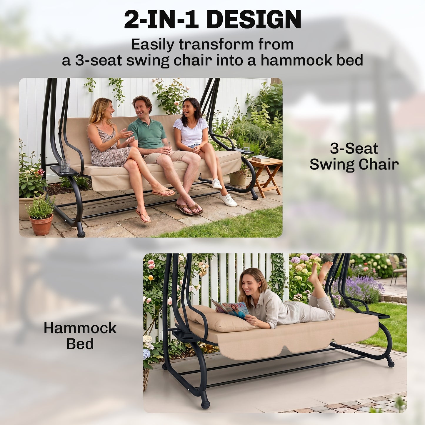 Three-Person garden Swing Chair, with Adjustable Canopy - Light Brown