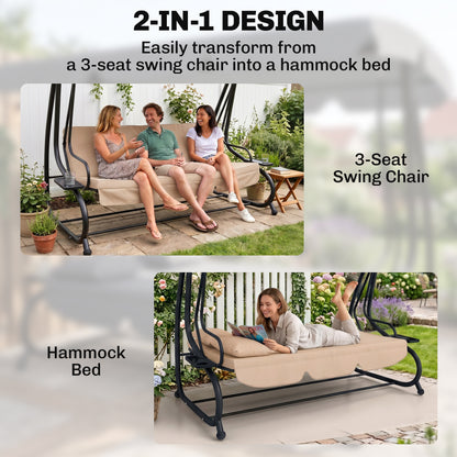 Three-Person garden Swing Chair, with Adjustable Canopy - Light Brown