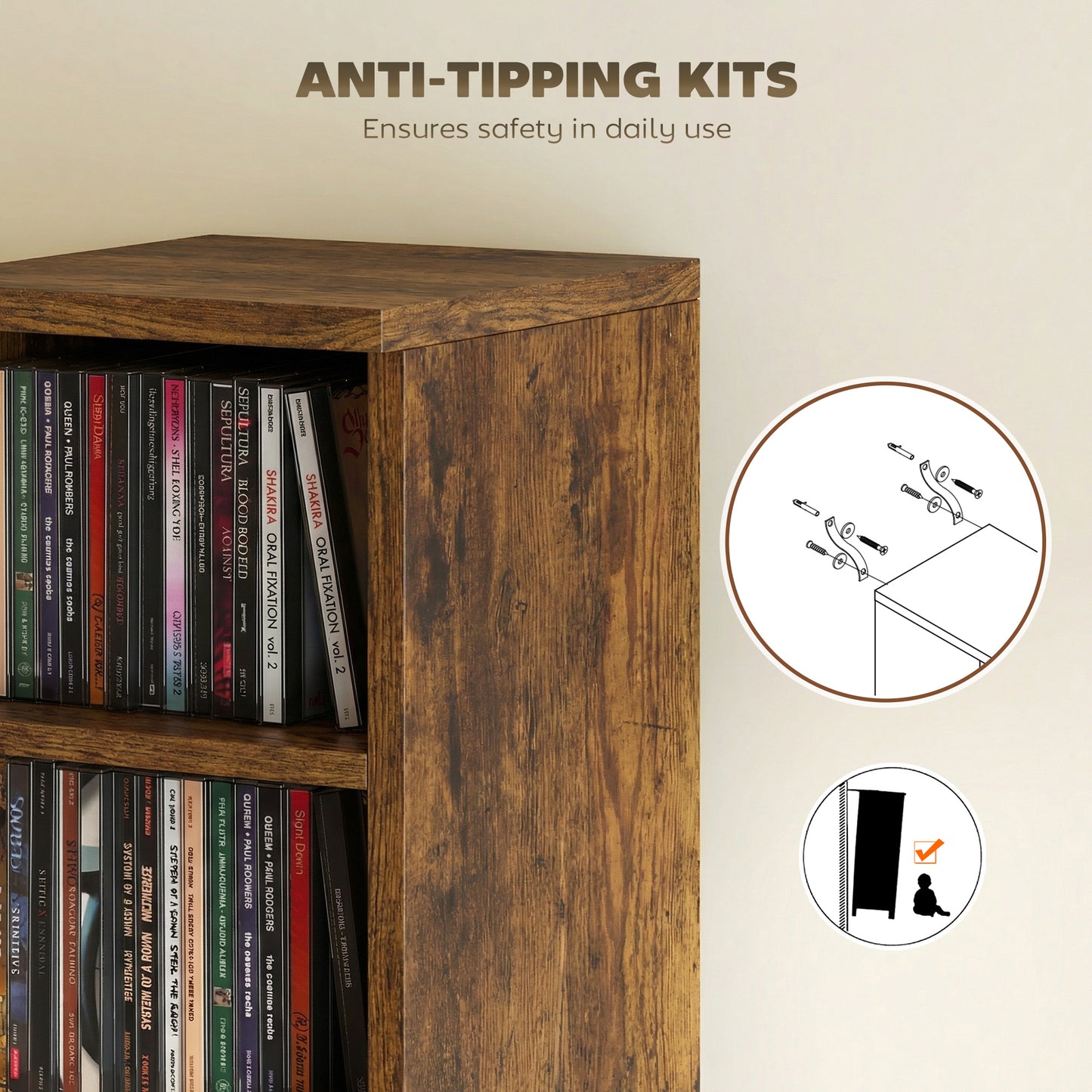 Set of 2 CD Media Display Shelf Unit Tower Rack with Adjustable Shelves, Rustic Brown