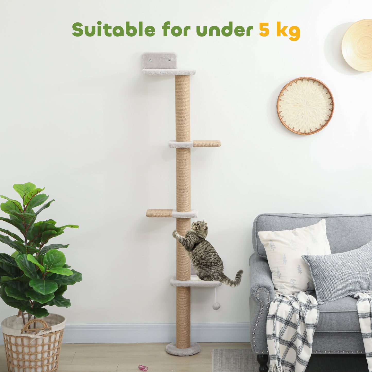 Wall Mounted Cat Shelves, Cat Climbing Wall with 4 Climbing Platforms, Jute Scratching Post and Toy Ball,180cm Tall