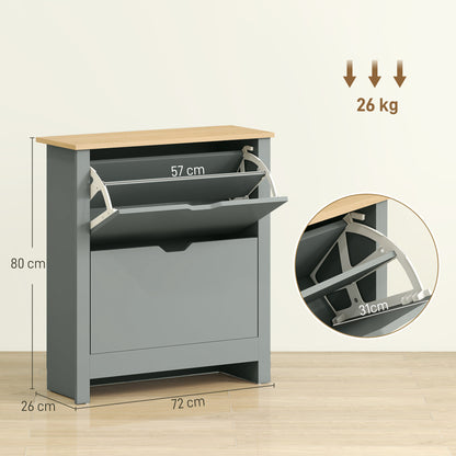 Slim Shoe Cabinet, Narrow Shoe Cupboard with 2 Flip Drawers, Adjustable Shelves for 12 Pairs of Shoes, Light Grey