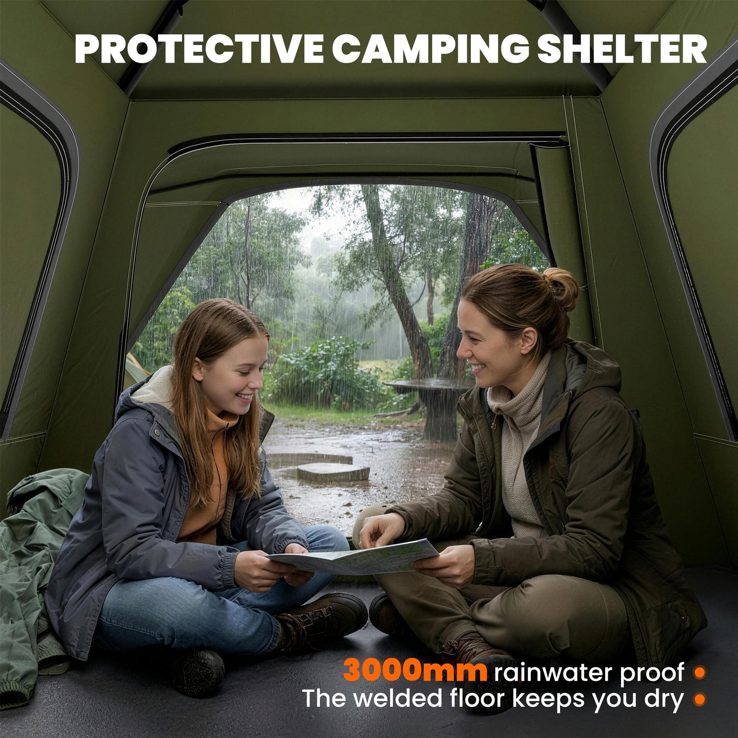 Pop Up Tent 3000mm Waterproof Camping Tents with Mesh Windows 2-3 People Green