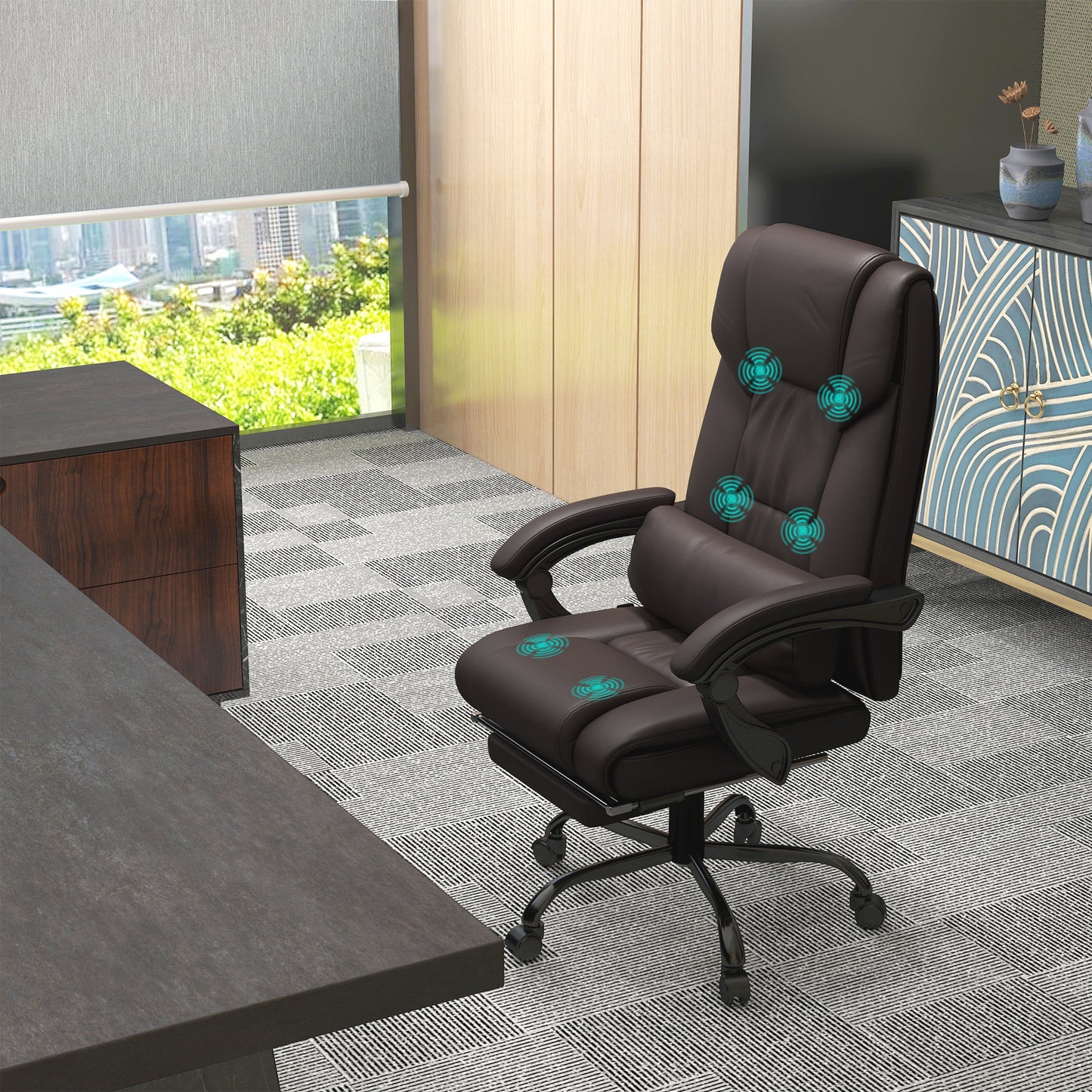 6-Point Massage Office Chair, PU Leather Desk Chair with Adjustable Height and Footrest for Home Office, Brown