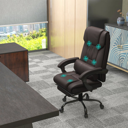 6-Point Massage Office Chair, PU Leather Desk Chair with Adjustable Height and Footrest for Home Office, Brown